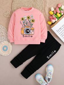 幼儿卡通印花圆领运动衫和紧身裤套装 - 粉色 - 查看 1