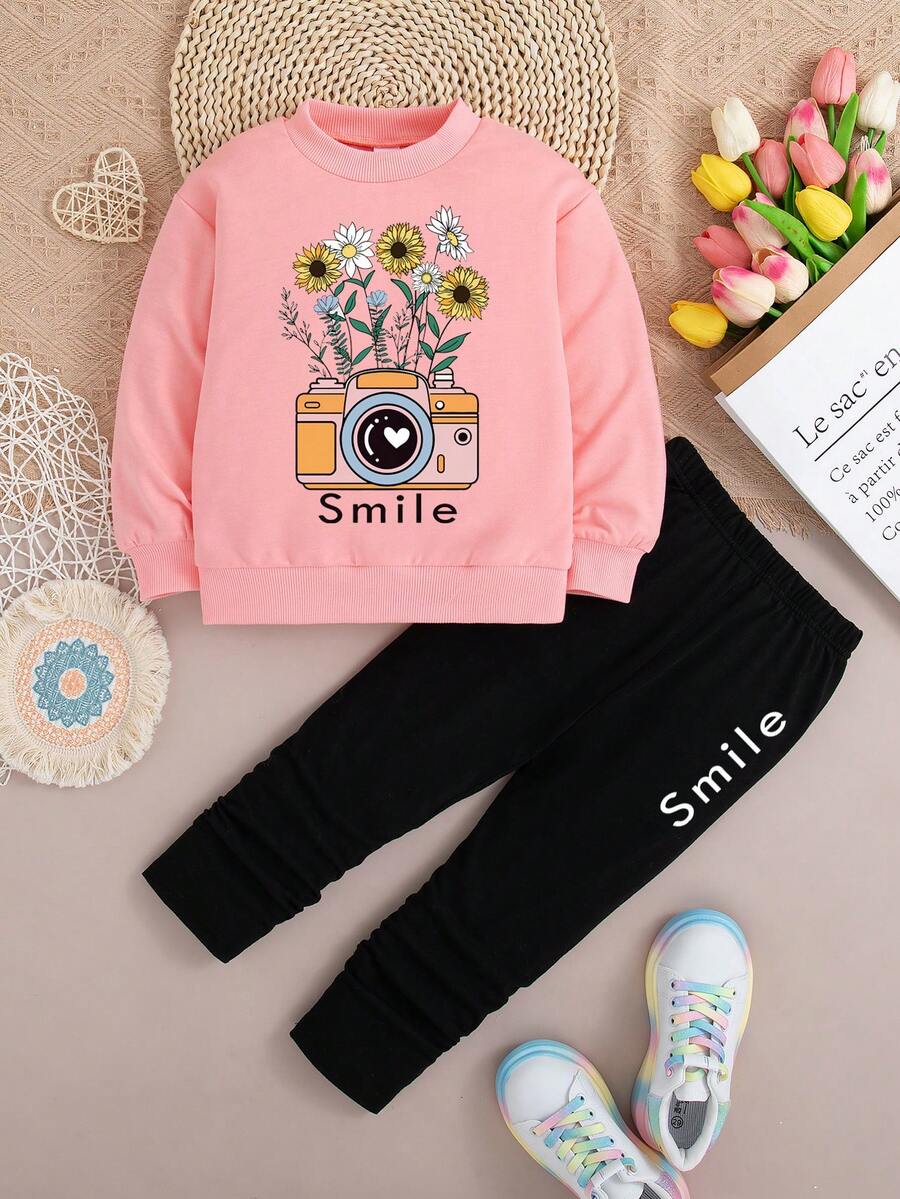 幼儿卡通印花圆领运动衫和紧身裤套装 - 粉色 - 查看 1