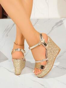 Giày sandal cao gót đế dày bằng da PU mùa hè mới dành cho nữ, kiểu dáng hở mũi, quai điều chỉnh được, phong cách quyến rũ, quai đính đá, lấp lánh, thích hợp cho tiệc tùng và du lịch. - Vàng - Xem 3