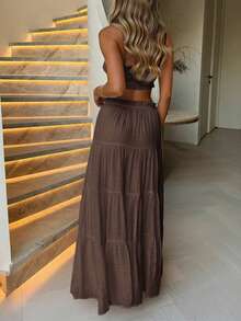 Look Polly Women's 2-Piece Set, Solid Color Strapless Camisole Top And Long Skirt, Women's Back To School Outfit, Autumn Casual Wear, Suitable For Church, Vacation, Concerts, Bohemian Style Vacation Set, Brown Top Paired With Brown Skirt, Elegant Women's Beach Outfit - Brown - View 7