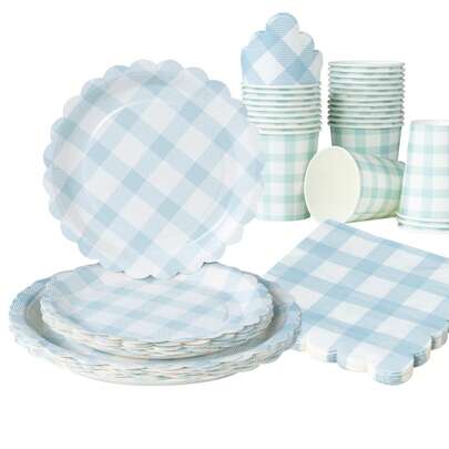 100 piezas Platos de papel a cuadros de color azul claro y servilletas, artículos para fiestas, platos desechables a cuadros de 7/9 pulgadas de color rosa claro y blanco, platos a cuadros en forma de triángulo, vasos de papel y servilletas, adecuados para cumpleaños, cena, picnic, BBQ, fiesta