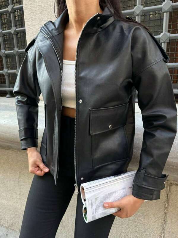 Chaqueta de cuello alto de unicolor versátil y de moda