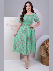 Pleated Midi Dress, Short Puff Sleeves, High Waist, Printed Crepe, Evangelical Fashion - 青檸色 - 查看 1