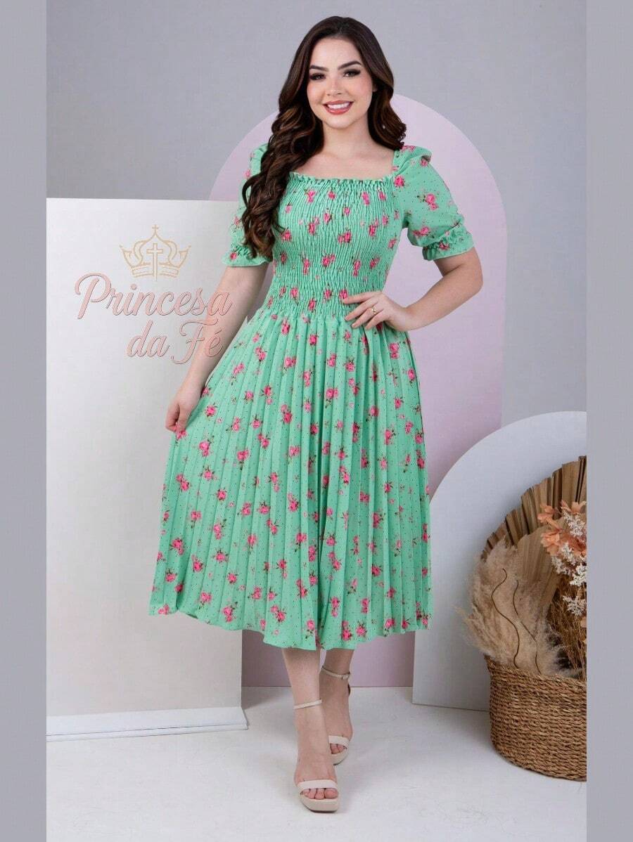 Pleated Midi Dress, Short Puff Sleeves, High Waist, Printed Crepe, Evangelical Fashion - 青檸色 - 查看 1