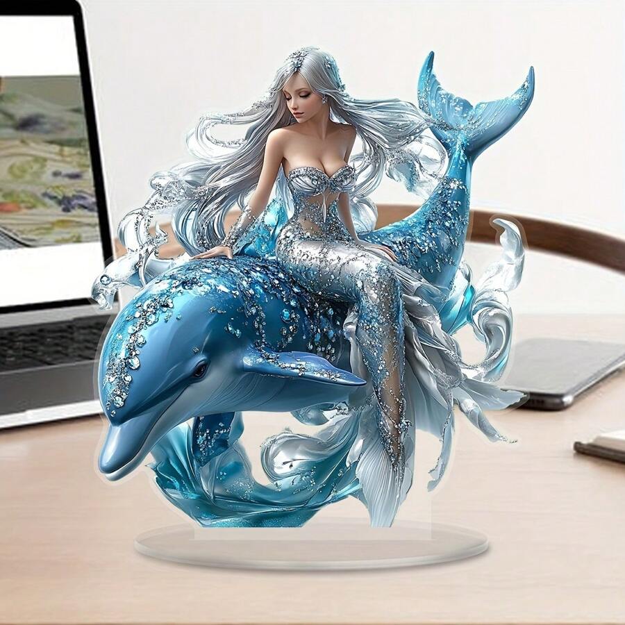 1pc Mermaid & Dolphin Acrylic Statue, Dolphin Theme, Multi-Purpose Decorative Plaque With Base, Suitable For Desk, Bedroom, Dining Room, Living Room, Creative Gift Idea, Home & Kitchen Decor, Fits All Holidays