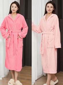 1 pieza Bata de baño de felpa Coral disponible en varios colores con diseño de estilo 3D de piña o liso, con capucha, cinturón y bolsillo para mujer. Toalla utilizable, toalla de baño, bata larga con capucha, bata de baño para mujer, ultra suave, absorbente, cálida, ropa de dormir, ropa de estar por casa unisex, apta para hogar, hotel, baño, dormitorio, spa, piscina, fiesta, para regalo de temporada, vuelta al colegio
