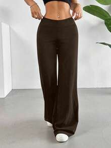 Solid High Rise Flared Straight Leg Pants