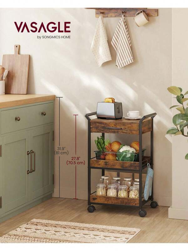 Storage Trolley, 3-Tier Rolling Cart With Table Top, Handles, 4 Lockable Castors, Top Drawer, Mesh Shelves, For Kitchen, Bathroom, Bedroom