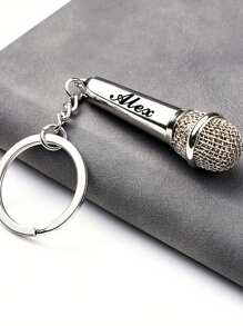 Personalized Name Microphone Keychain, Customized Mini Realistic Microphone Keychain With Rotatable Opening, Confessional Microphone Pendant Keychain, Actor Souvenir Program Performance Engraved Gift, Back To School Gift, Children's Halloween Gift, Gold/Silver Customized Birthday Gift, Halloween Accessories - Silver - View 5
