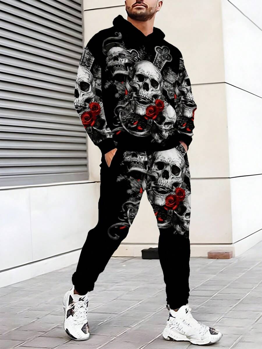 2pcs Halloween 3D Skull Print Men's Casual Hooded Long Sleeve Sweatshirt And Sweatpants Set, Suitable For Spring And Autumn,Fall Clothes