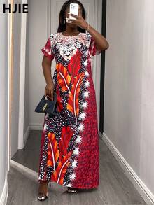 Váy Maxi Cổ Tròn Cho Nữ Với Họa Tiết Hoa Và Lông Vũ Phong Cách Châu Phi, Đường Viền Cổ Áo Có Họa Tiết Ren Tinh Tế, Và Màu Sắc Bắt Mắt, Trang Phục Tốt Nghiệp - Đỏ - Xem 1