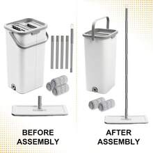 Household Cleaning Mop And Bucket Set, Hands-Free Flat Mop, 64" Adjustable Extension Handle With 3 Replacement Mop Heads, Wet And Dry Mop Set, Washable Microfiber Pads For Kitchen, Bathroom, Bedroom And Living Room Floors, Floor Cleaning System - White - View 7