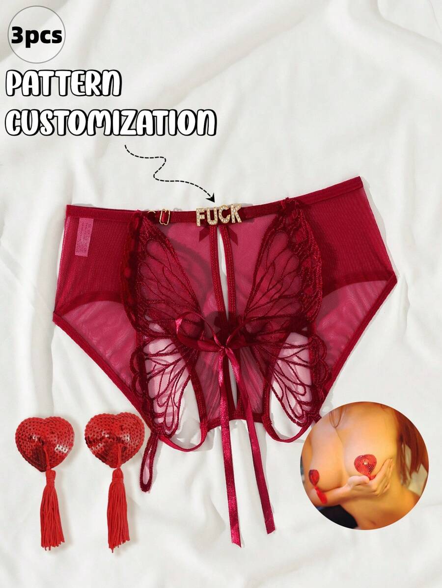 3PCS, Heart-Shaped Nipple Covers And Sexy Women's Lingerie, Customizable Crystal Letters, Personalized With Your Own Text, Butterfly Design Sexy Lingerie And Nipple Covers, Best Lingerie For Women. Perfect Gift For Girlfriend, Wife, Family, Valentine's Day Gift
