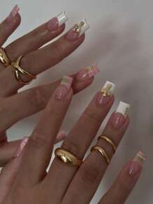 24pcs French Tip Press On Nails Medium Square Press On Nails 3D Golden Cross Metal Accessories With Colored Checkered Lines Decoration Chic Style Surface Glossy Design Full Cover Fake Nails For Women And Girls Daily Wear