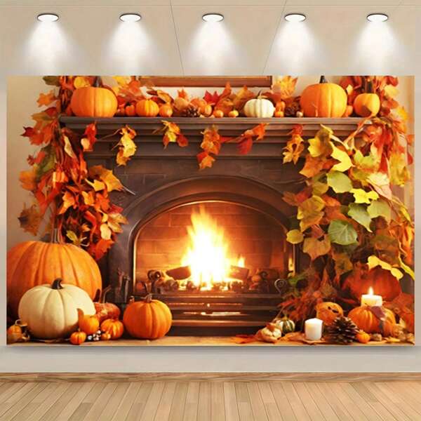 1 Piece Of Autumn Fireplace Theme Backdrop - With Pumpkins, Autumn Leaves, Candles, Suitable For Thanksgiving, Halloween, Autumn Harvest Parties, Holiday Gifts, Event Celebrations, Bedroom, Living Room, Garden And Outdoor Holiday Decorations, Photo Booth Props