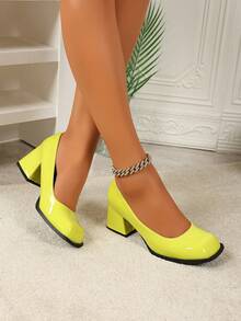 秋冬法式复古玛丽珍女鞋，纯色新款春季高跟鞋，小号皮鞋，优雅方头粗跟鞋，优雅 - 螢光黃 - 查看 3