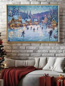 1pc Vintage Christmas Wall Art Christmas Snow Landscape Village Night Stars Poster Canvas Prints Painting Modern Winter Home Decoration, Ice Skating Oil Painting Horizontal Print Winter Night Canvas Wall Art Mountain Village Decor Christmas Decorations Room Decor