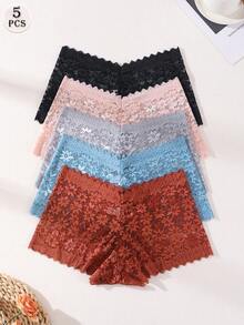 5条装女士性感蕾丝拼接低腰三角裤，中腰无缝舒适内裤，收腹提臀，弹力内裤，适合日常穿着和瑜伽 - 彩色 - 查看 2