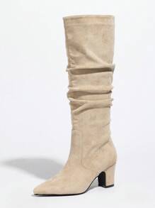 2025 年秋冬女士时尚热销尖头褶皱高跟绒面革和皮革及膝一脚蹬靴，黑色 - 杏色 - 查看 5