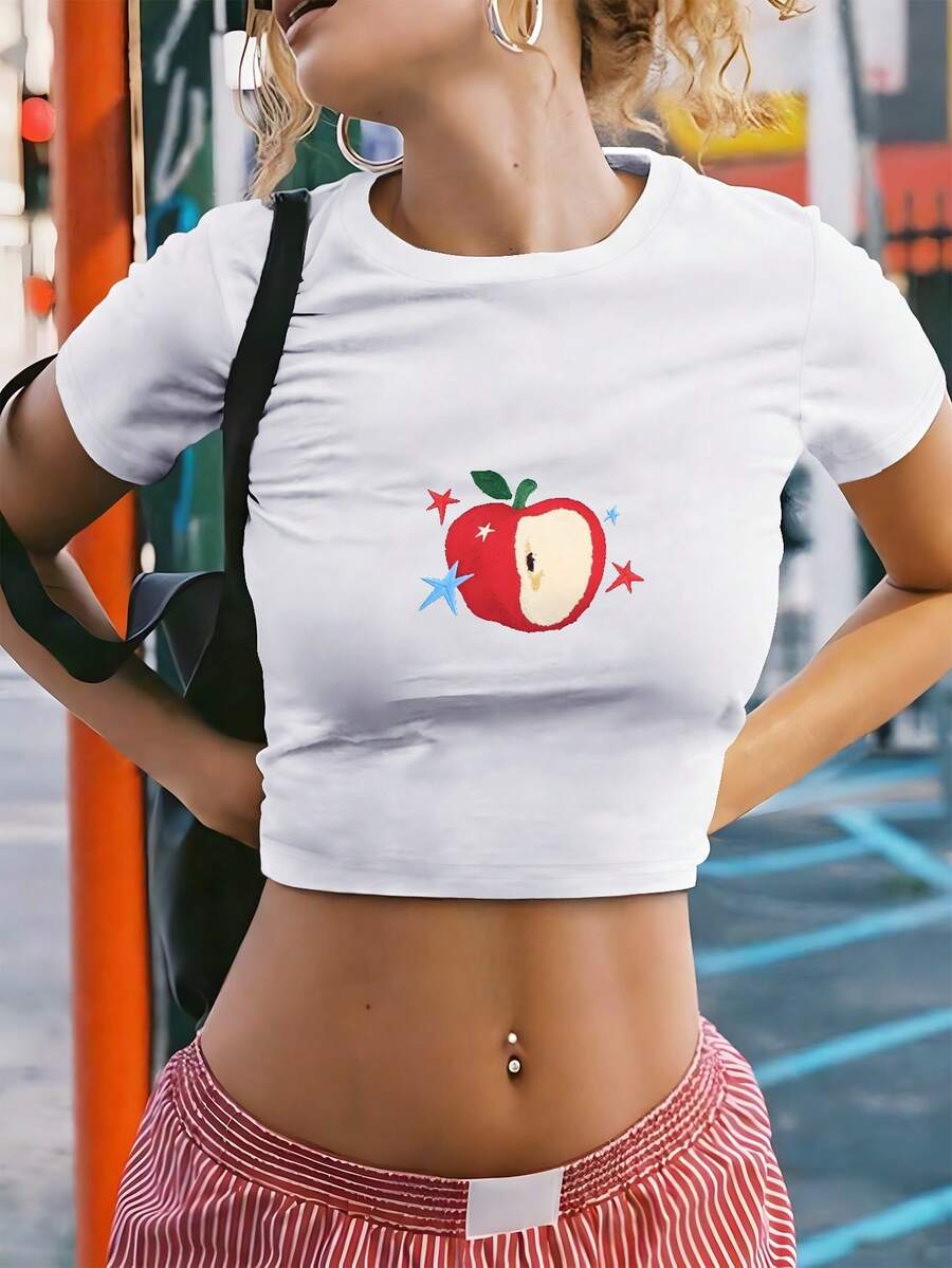 1pc APPLE Graphic Print Women's Fashion Short Sleeve T-Shirt, Y2K Clothes, Back To School Clothes, Vintage Clothes, Street Wear, Rock, Holiday, Vacation, Festival, Summer Tops - 白色 - 查看 1