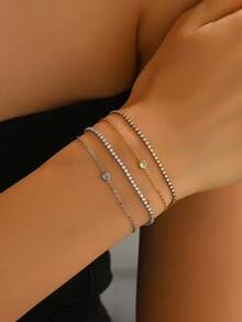 1pc/Pack Rhinestone Decorated Women Layered Thin Chain Bracelet, Fashion Versatile Jewelry Suitable For Various Occasions, Silver & Gold Color - Stacking - View 2