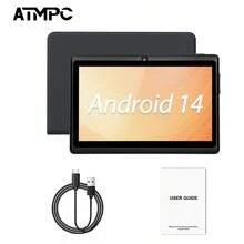 Tablet Android 14 de 7 polegadas ATMPC, equipado com 2GB de RAM DDR, 32GB de ROM, 3500mAh, processador Quad Core, tela IPS 1024X600, câmera frontal de 30 pixels e traseira de 200 pixels, Wi-Fi 802.11 b/g/n 2.4g, PC, equipado com quatro capas de couro anti-queda coloridas