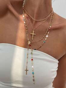 1/4pcs Vintage Metal Jesus Cross Pendant Y-Shaped Long Necklace, Boho Style Colorful Crystal Pendant Necklace Set, Suitable For Women Daily And Vacation Wear, Holiday Gift For Friends (Crystal Color Random)