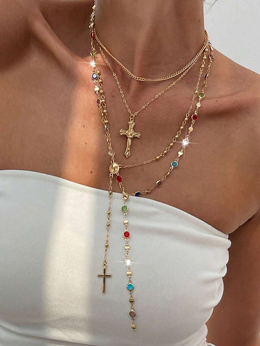 1/4pcs Vintage Metal Jesus Cross Pendant Y-Shaped Long Necklace, Boho Style Colorful Crystal Pendant Necklace Set, Suitable For Women Daily And Vacation Wear, Holiday Gift For Friends (Crystal Color Random)