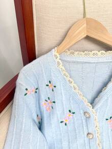 Wixra Wixra Sweet Collegiate Style Cardigan With Lace Patchwork V-Neck Design, Embroidered Single-Breasted Knit Top For Ladies