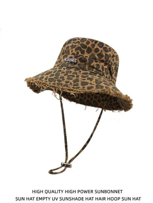 1pc Unisex Vintage Leopard Print & Letter Embroidered Fisherman Hat, Washed, Oversized Brim, Casual Outdoor Travel Sun Hat, Suitable For Spring, Autumn, All Seasons