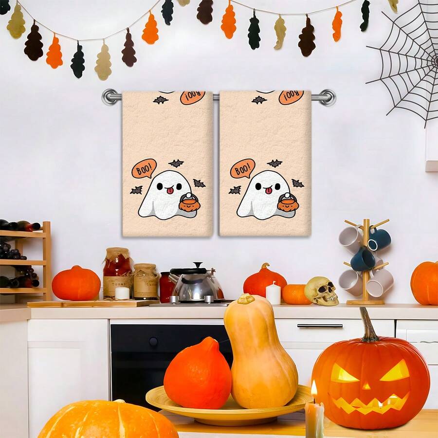 2/4 Pcs Ghost Pattern Printed Dish Towels, Halloween, Super Absorbent Microfiber Modern Towels For Cooking And Baking, Printed Dishcloths, Cleaning Towels, Hand Towels, Tea Towels, Super Soft And Highly Absorbent, Great Gift For Neighbors, Moms, Friends, Birthday, Halloween, Housewarming, Kitchen Decor, Household Essentials
