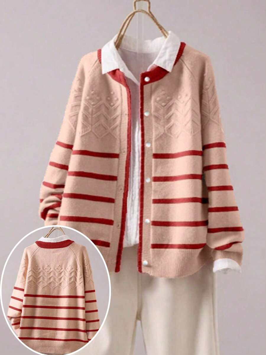 Cardigan casual cu dungi color block, mărime plus, toamnă/iarnă - Roz - Vizualizare 1