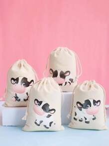 10*15cm Sac à cordon de thème de la ferme des animaux, sac à motif de vache de dessin animé mignon, sac cadeau pratique convenant pour la fête, l'emballage de cadeau d'anniversaire, avec de multiples designs de vache de dessin animé, sac de décoration de vacances chaleureux et intéressant