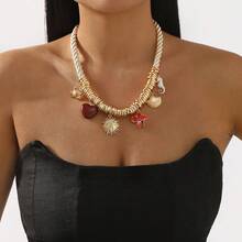 Mydear 1 chiếc vòng cổ mặt hình vỏ sò nhiều yếu tố phong cách đại dương, cá ngựa, cua, hoa trái tim, mặt dây chuyền mặt trời, thích hợp cho phụ nữ đeo hàng ngày, đi biển, đi nghỉ - Đa phần tử - Xem 6