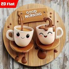 2D Flat, 2D Flat Home Decor, 1pc Vintage Style Wall Decor, 8x8 Inch Round Faux Wood Sign - Morning Tea Theme With Smiling Cup And "Good Morning" Design, Suitable For Home, Kitchen, Office, Holiday Gift, Cafe Decor, Room Decor, Perfect Gift, Random Hole Position