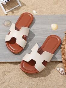 1 Pair Beige Round Toe Lightweight Luxury Open Toe Slippers, Casual Minimalist Fashion, Flat Beach Sandals Suitable For Indoor And Outdoor, Daily, Vacation And Travel