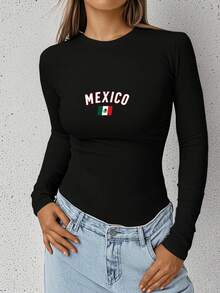 Mexico Flag Bold Lettering Women's Fashion Long Sleeve Shirt - Black - View 1