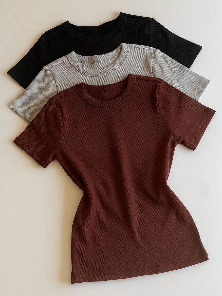 Kit 3 Short Sleeve Ribbed Blouses For Women, Basic, Elegant, Summer - Black/Gray/Brown - View 1