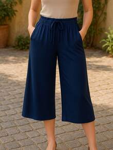Women's Pantacourt Pants In Viscolycra Knit, Capri, Simple Casual, With Drawstring Pocket - 藏蓝色 - 查看 2