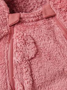 1pc Baby Girl Fleece Hooded Footed Romper, Front Zip Closure Long Sleeve Jumpsuit, Comfortable And Warm Daily Outfit For Newborn