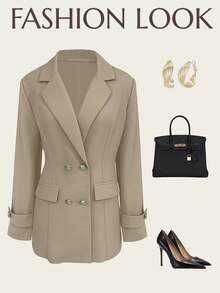 Women's Solid Double Breasted Pocket Blazer Cinched Waist Long Sleeve Office Business Suit Elegant For Spring/Autumn - Khaki - View 6
