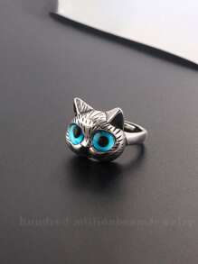1枚波西米亚复古猫咪可调节开口戒指，时尚饰品，适合日常佩戴或作为礼物 - 藍色 - 查看 5