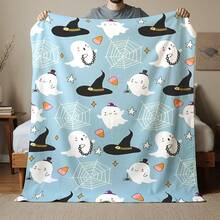 1pc Halloween Themed Plush Flannel Blanket, Featuring Ghost & Spider Web Patterns, Soft & Cozy Cartoon Halloween Themed Blanket, Ideal For Holiday Decor & Gifts, Suitable For Living Room, Bedroom, Office, Camping, Party, Autumn Design, Nap Blanket | Sofa Throw | Air Conditioning Blanket, Multiple Sizes Available, Bedroom Decor Blanket, Blue Blanket