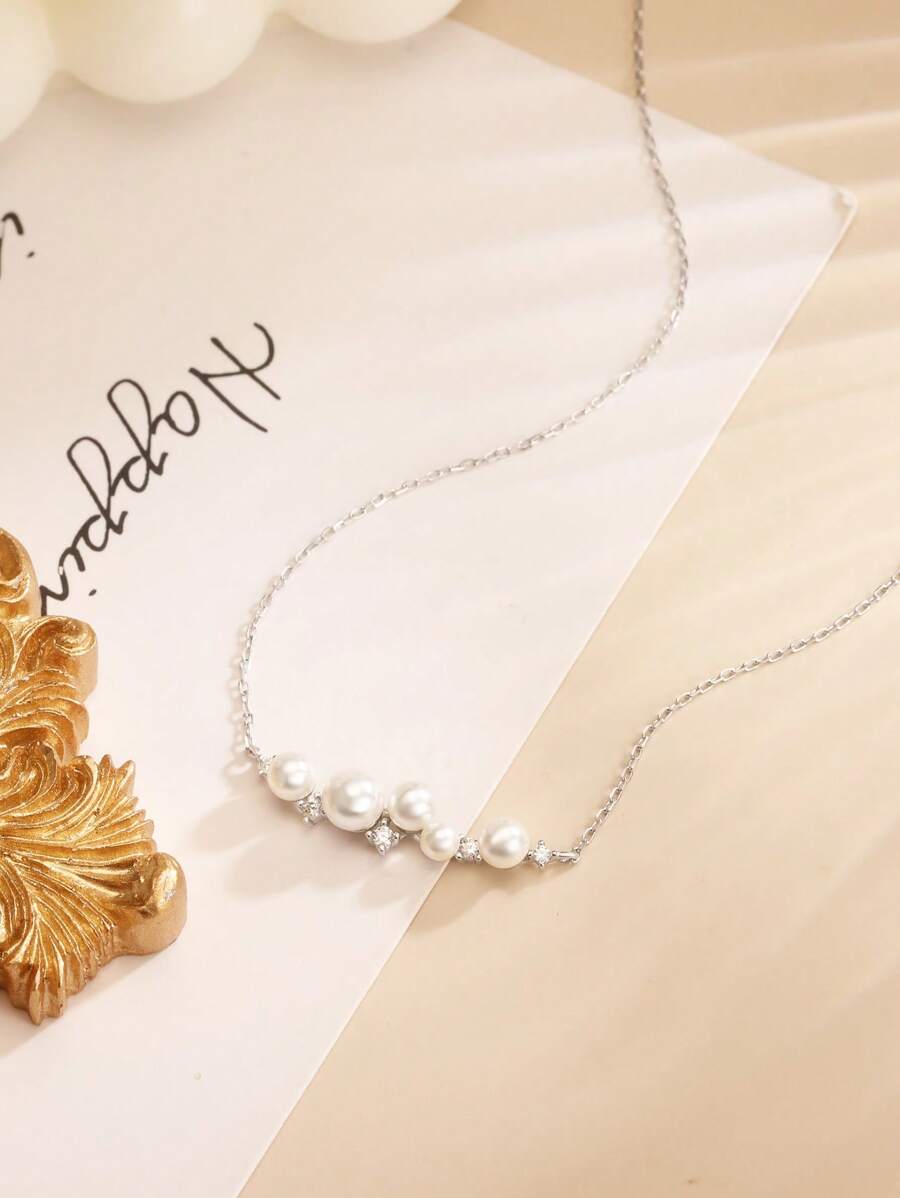 1pc S925 Sterling Silver Necklace With Pearl, Zirconia Arrangement, Elegant Collarbones Chain, Versatile Jewelry Gift For Women, Suitable For Engagement, Wedding, Mother's Day, Girlfriend