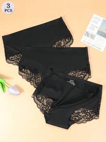 3条装女士黑色蕾丝拼接三角裤 - 黑色 - 查看 5