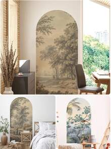 1 pieza Mural decorativo de 180X90 con escena pastoral clásica retro de bosque tropical, pájaros y arco, decoración de pared bohemia para interiores, resistente al agua, para decoración de sala de estar, dormitorio, baño y hogar