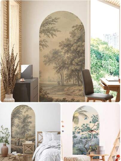 2 Panel Arch Wall Mural 180X90 Retro Classic Landscape Tropical Forest Scenery Birds Classic Forest Pastoral Arch Decal Wall Sticker Wallpaper Bohemian Interior Wall Art Waterproof Mural Living Room