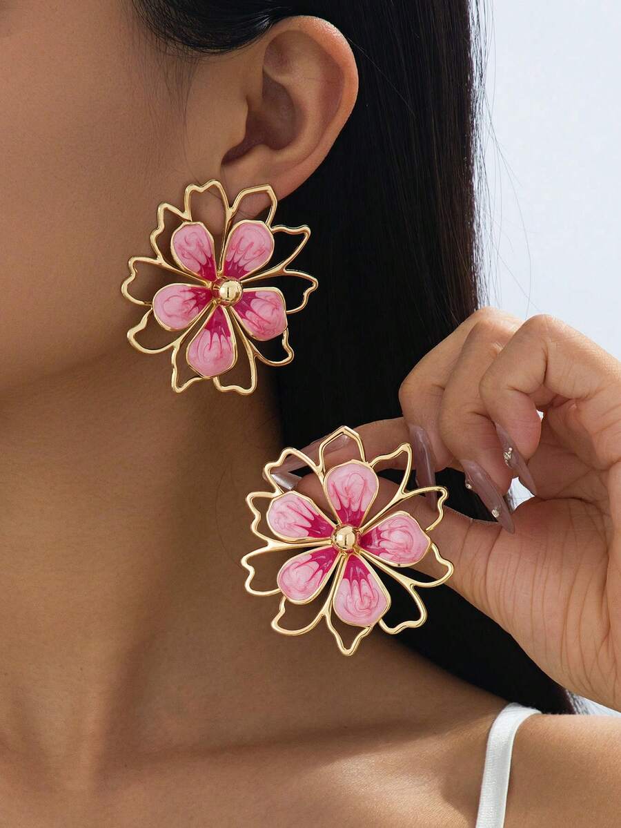 1 par de pendientes elegantes de gota con diseño floral hueco y degradado, adecuados para vacaciones de verano - Rosa - Ver 1