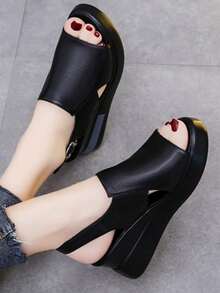 Sandalias de cuña de suela gruesa para mujer, color liso, sencillas y elegantes. - Negro - Ver 5