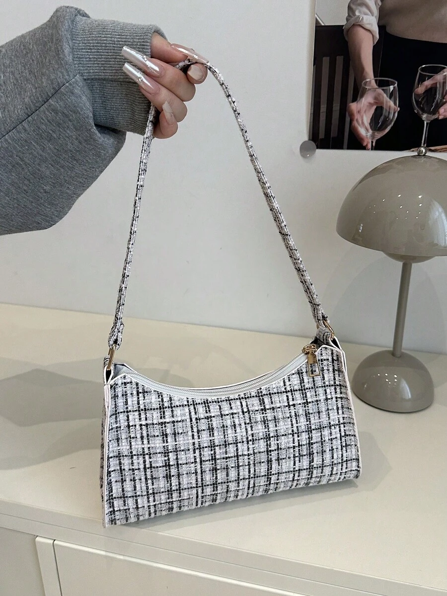 Fashionable & Versatile Plaid Shoulder Bag For Commuting & Casual Use - Black - View 1